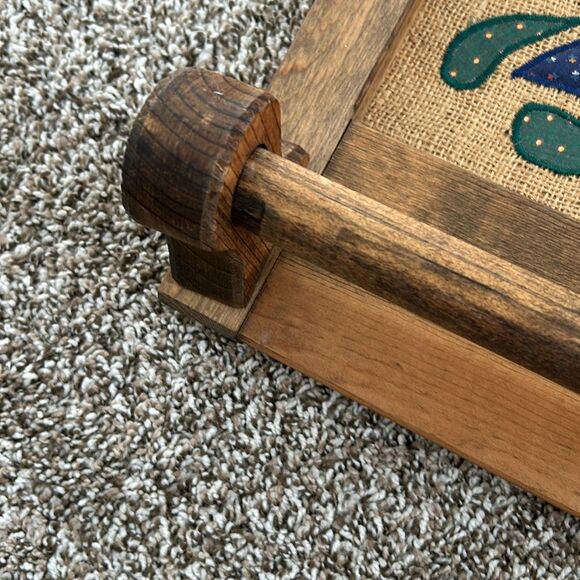 Vintage Wooden Burlap Embroidered Towel Rack with Folk Art Design Wall Decor - Picture 12 of 16
